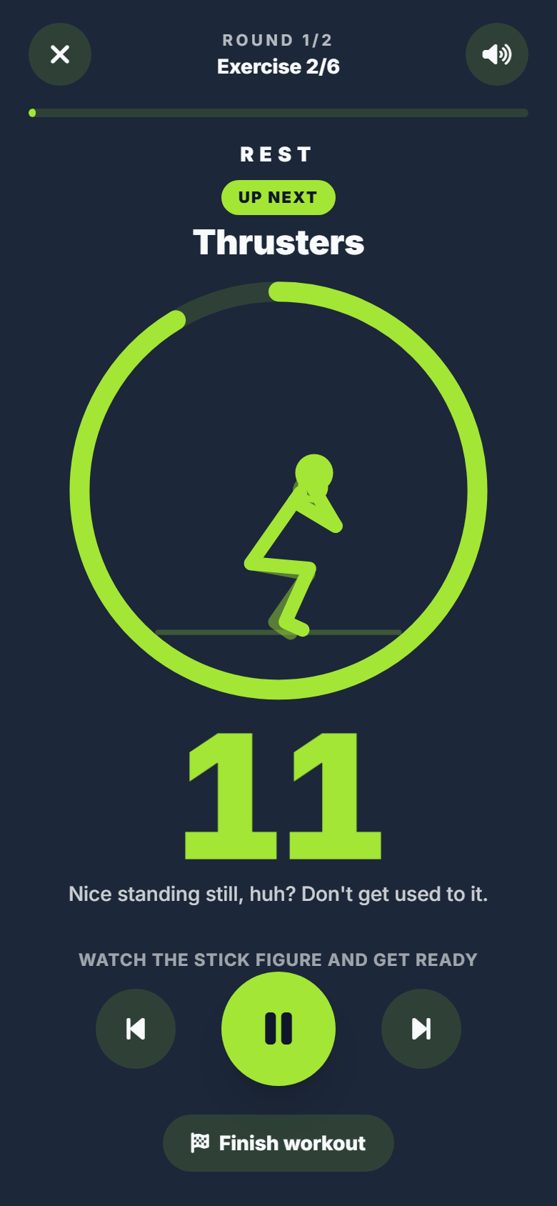 Rest in PantuFIT: blue background, countdown and the next exercise announced
