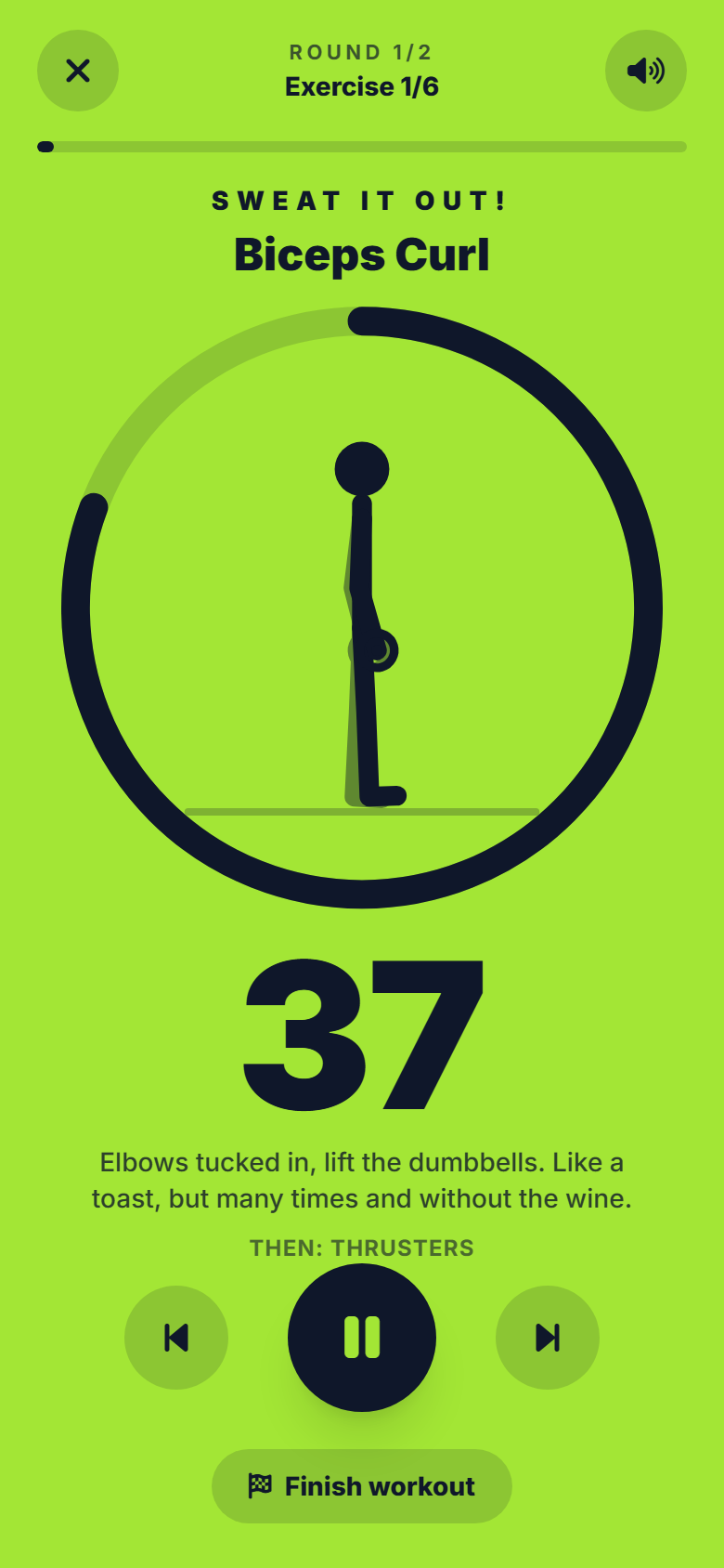PantuFIT player mid-squat: lime background, big timer and the stick figure doing the exercise